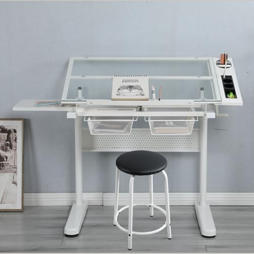 Gynsseh Glass Drafting Table with Stool, Height Adjustable, Tilting Tabletop - S2-White