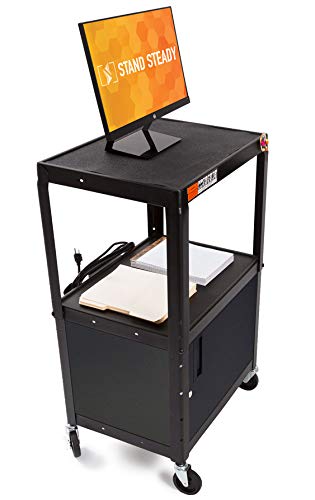 Stand Steady Line Leader AV Cart with Locking Cabinet - Black Metal Utility Cart with Storage Shelf