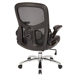 Office Star Big and Tall Mesh Back and Padded Bonded Leather Seat Executive Chair with Adjustable Lumbar Support, Adjustable Flip Arms, and Chrome Accents, Black