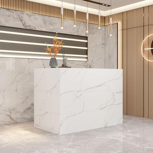 MOUMON L-Shaped Reception Desk with Storage, Marble White (55.9”W x 32.3”D x 48.4”H)