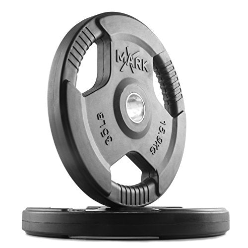 XMark TRI-Grip 35 lb Pair Olympic Plates, One-Year Warranty, Olympic Weight Plates, Classic Design, Rubber Coated Olympic Weight Plate Set, Bumper Plates, Olympic Barbell Weight Set for Home