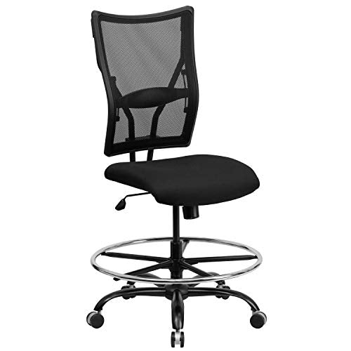A Line Furniture Portam Big and Tall Armless Black Mesh Drafting Chair with Footrest