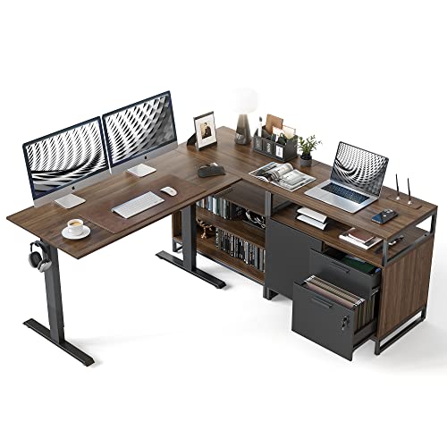 FEZIBO L Shaped Standing Desk with File Cabinet, Electric Height Adjustable, Modern Wood Computer Desk - Black Frame/Dark Walnut Top
