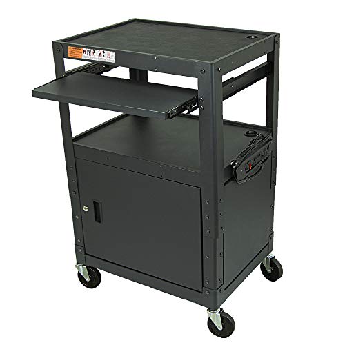 POCHAR Height Adjustable Steel Frame AV Cart with Keyboard Tray, Locking Cabinet, and 5ft 9in Power Strip
