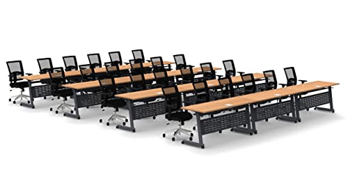 Team Tables Folding Training Seminar Classroom Model 2580 36pc Beech with Industrial Caster Z-Base, Modesty Panel, Shelf, Power + USB Outlet (Seating Included)