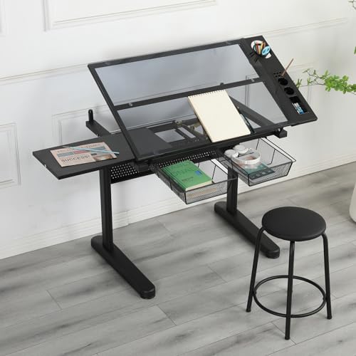 Gynsseh Height Adjustable Glass Drafting Table with Stool, 75° Tilting Tabletop - S3-Black