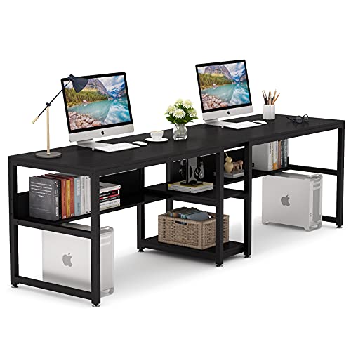 Tribesigns Two Person Desk with Bookshelf, 78.7 Computer Office Double Desk, Rustic Writing Workstation (Black)
