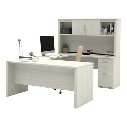 Atlin Designs Modern Wood U-Shaped Computer Desk with Hutch in White/Chocolate