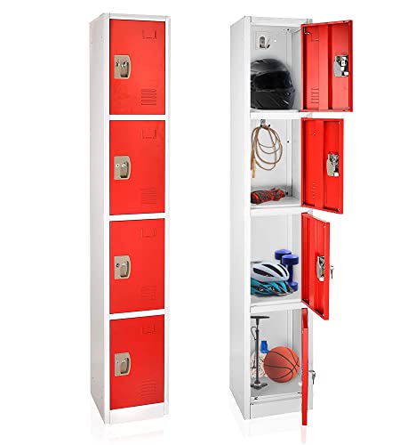 AdirOffice Large School Locker with 4 Doors and 4 Hooks - Metal Storage Cabinet for School, Garage, Office - Red
