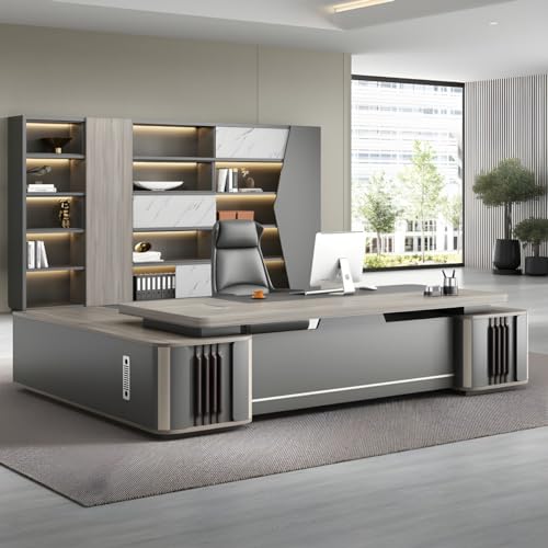 KWOKING Gray L-Shape Executive Desk with Drawers & Shelving - Office Furniture 87" x 63" x 29.5