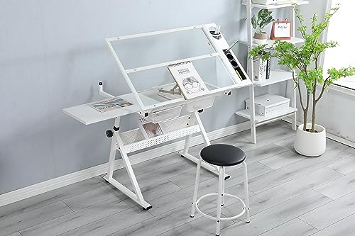 HOYA PONYOO Drafting Printing Table with Chair and Storage, Tempered Glass, Adjustable Tilt, White