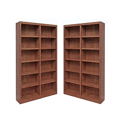 Home Square Tall 12-Shelf Double Wide Solid Wood 84" Bookcase Set of 2 in Dry Oak by Home Square