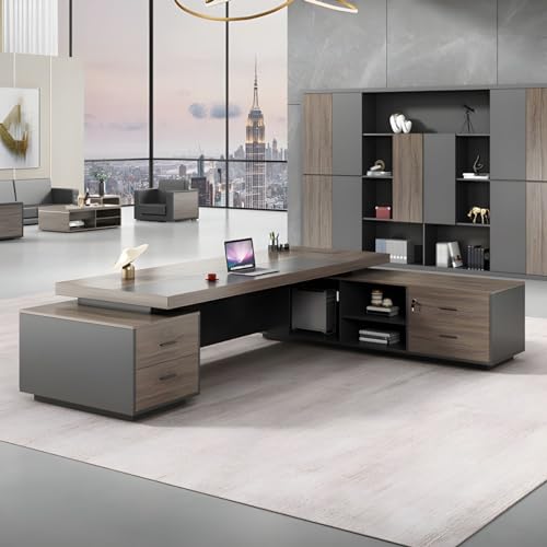 KWOKING Executive Brown L-Shape Writing Desk with Drawers - 94.5" x 63" x 29.5