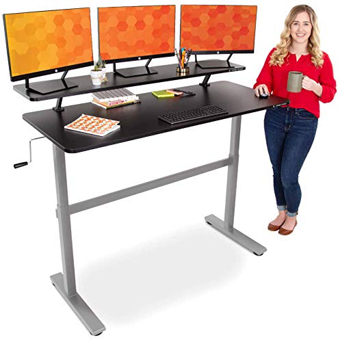 Stand Steady Tranzendesk 55 in Standing Desk with Clamp On Shelf | Easy Crank Height Adjustable Stand Up Workstation w/Attachable Monitor Riser | Holds 3 Monitors & Adds Desk Space (55/Silver Base)