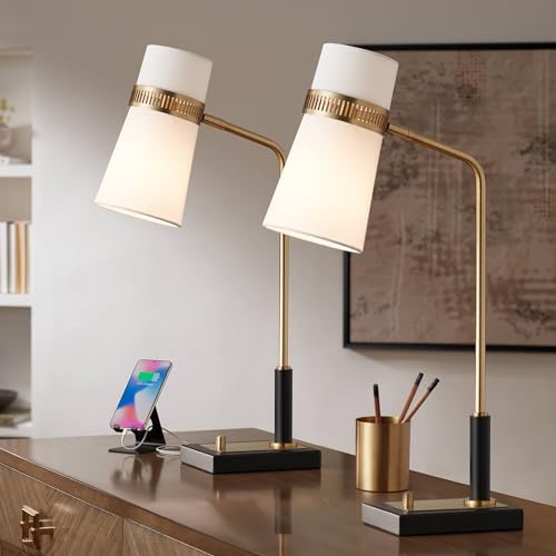 Possini Euro Design Brass Black USB Desk Lamps Set of 2