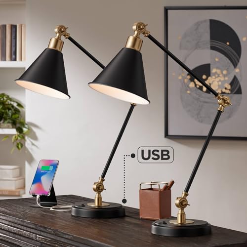 360 Lighting Black and Brass Adjustable USB Desk Lamps Set of 2