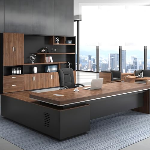 XINDAR Modern L-Shape Executive Wood Office Desk with Cable Management - Brown (94.5" L x 31.5" W x 29.5" H)