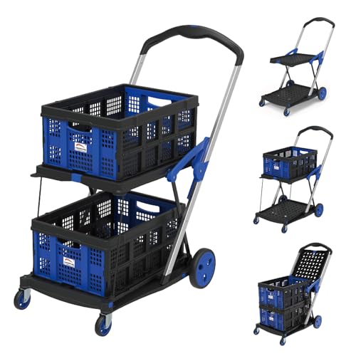 LEADALLWAY Grocery Shopping Cart with 2 Storage Crates - Collapsible Blue Cart