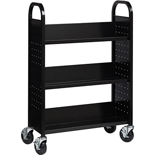 Lorell 99933 Book Cart, Single-sided, 3 Slant Shelves, 32"x14"x46", BK