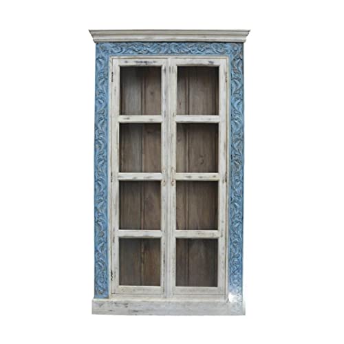 Generic Hand Carved Solid Wood Open Bookcase White/Blue Finish - Boho Indian Cabinet