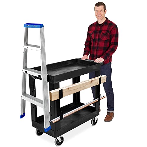 Stand Steady Tubstr 2 Shelf Utility Cart | Heavy Duty Service Cart | Holds 400 lbs. | Adjustable Storage Hooks | Tub Cart for Warehouse, Garage, School & Office (Black)