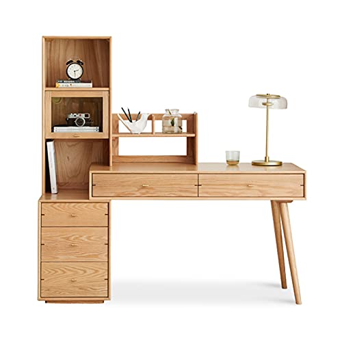 XIANGGUI 1983 Computer Table with Bookshelf and Drawers - Modern Oak Desk for Home Office and Study Room