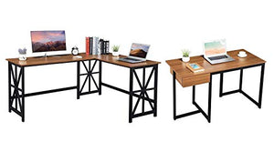 GreenForest Large L Shaped Desk and Computer Desk Bundle, Industrial Gaming Writing Desk Home Office Furniture Set, Walnut