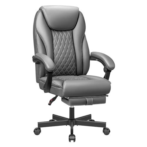 BestEra Executive Office Chair Big and Tall High Back Ergonomic Leather Chair with Footrest, Adjustable Height, Lumbar Support - Gray