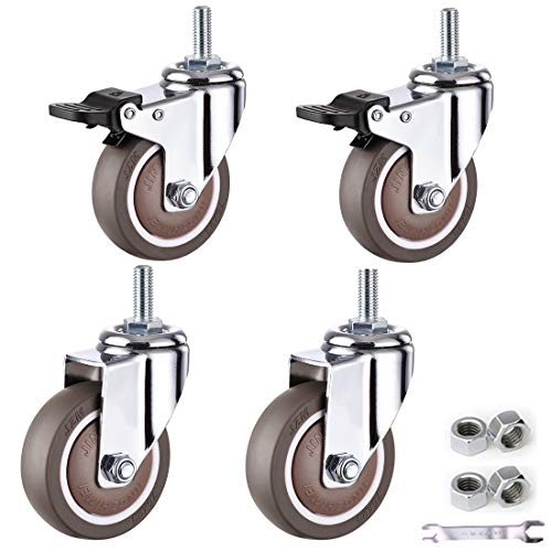 IkiCk Heavy Duty Swivel Caster Wheels Set - 4Pcs, M12x25mm Threaded Stem, TPE Rubber, Brake Option