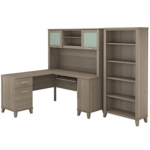 Bush Furniture Somerset 60W L Shaped Desk with Hutch and 5 Shelf Bookcase