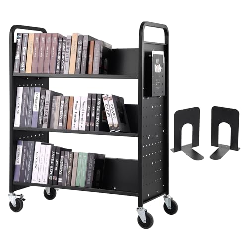VEVOR Rolling Book Cart, 330 lbs Library Cart, Double Sided W-Shaped Sloped Shelves, 4-Inch Lockable Wheels - Black