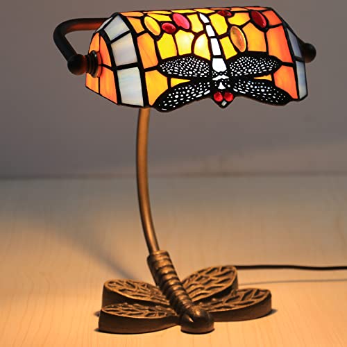 MaGiLL Tiffany Banker Desk Lamp Green Orange Dragonfly Stained Glass, Adjustable Luxury Memory Piano Lamp for Library Use (Orange)