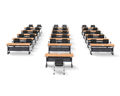 Team Tables Folding Training Meeting Seminar Classroom Tables with Power+USB Outlet - Model 5655 47pc Beech, Industrial Caster Z-Base, Modesty Panel, Shelf, Fold+Nest - Seating Included