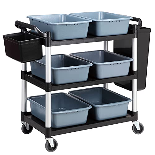 QQXX 3 Tier Rolling Utility Cart with Wheels - Heavy Duty Commercial Grade Storage Organization Cart - Mobile Shelving Unit for Kitchen Bar Restaurant (Black)