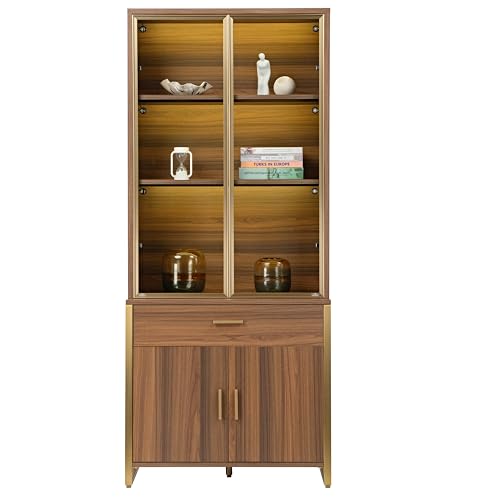 EUREKA ERGONOMIC Industrial Lighted Bookcase with Glass Doors, 77" Tall, Walnut