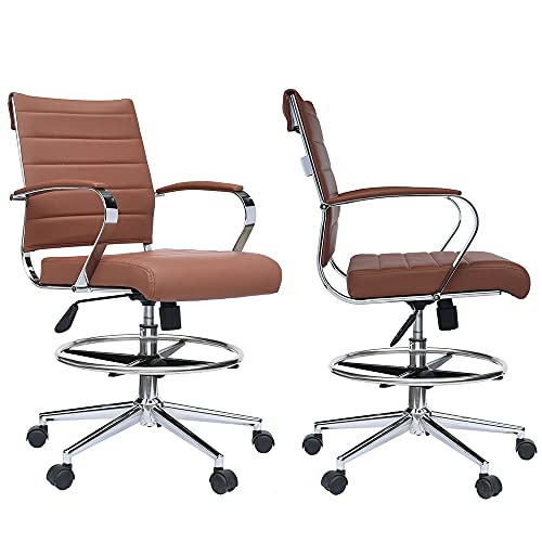 2xhome - Modern Adjustable Height Designer Ergonomic Office Drafting Chair with Ribbed Arms (Tan Set of 2)