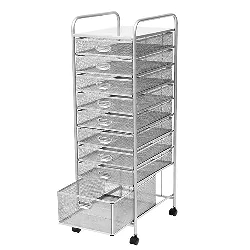 WAHHWF Rolling File Cabinet with Drawers, Metal Mesh Craft Cart Organizer with Wheels - Silver, 9 Drawers