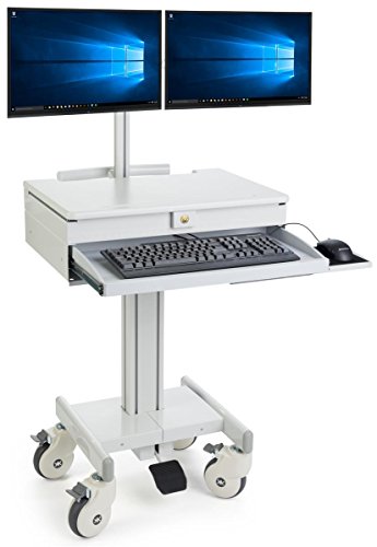 Displays2go Mobile Medical Cart with 2 Monitor Holders, Height Adjustable, Pullout Tray - Gray