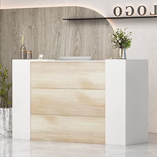 AIEGLE Large Reception Desk with Counter, Lockable Storage, Adjustable Shelves - Natural/White (70.9" W)