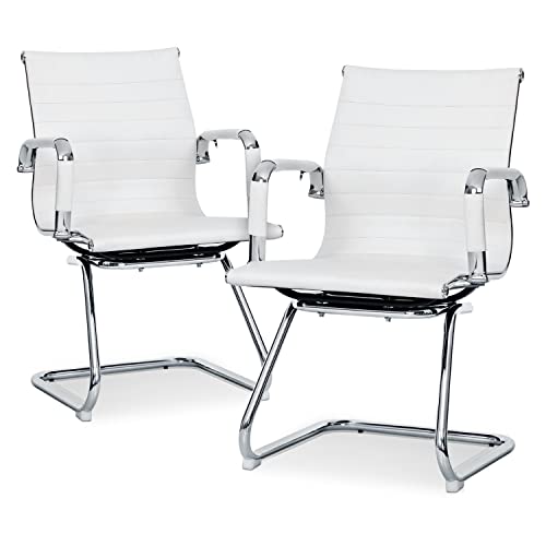 MoNiBloom PU Leather Office Guest Chair, Mid Back, Sled Base, Armrest, White, 2 Piece