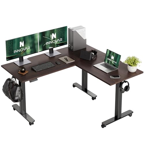 INNOVAR Bamboo Triple Motor L Shaped Standing Desk, 63 x 55 inch, Adjustable Height, Brown Bamboo Top
