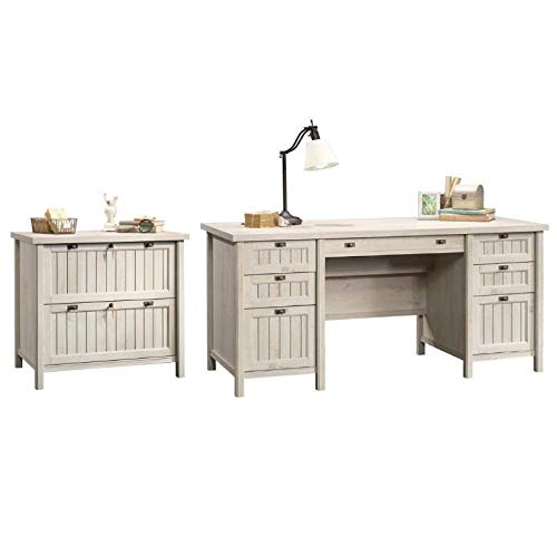 Home Square Executive Desk and Lateral File Set in Chalked Chestnut - 2 Piece Home Office Furniture
