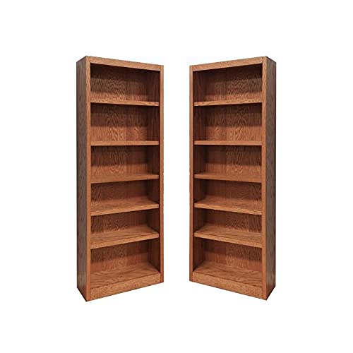 Home Square Solid Wood 84" Bookcase Set with Six Shelves, Set of 2, Dry Oak