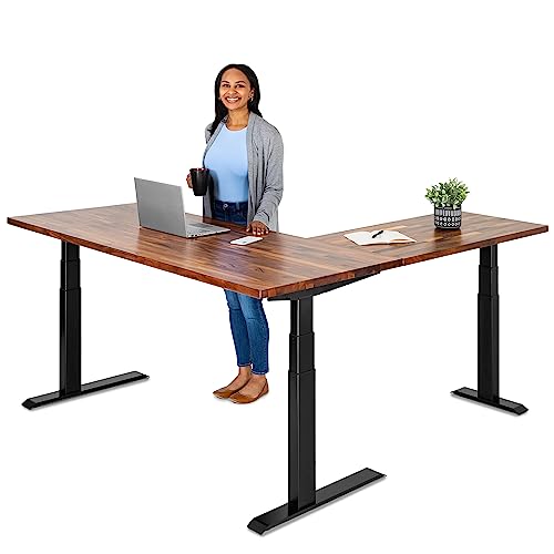 S Stand Up Desk Store Triple Motor Electric L-Shaped Corner Standing Desk (Black Frame/Solid Walnut Top, 71" W x 71" D)