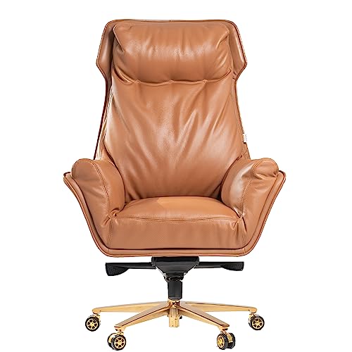Kinnls Austin Genuine Leather Executive Office Chair with Reclining High Back and Tilt Angle (Khaki-Golden Base)