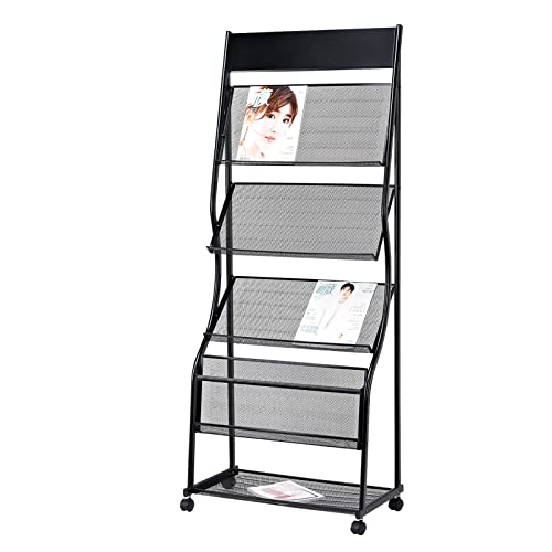 Generic Floor-Standing Magazine Rack with Casters, 4-Layer Brochure Display Stand - Black