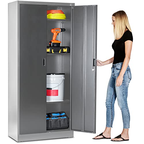 Fedmax Metal Garage Storage Cabinet - 71" Tall Steel Utility Locker with Adjustable Shelves & Locking Doors - Grey & Silver