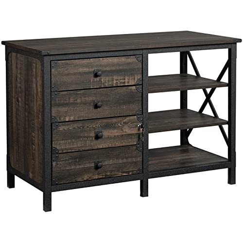 Sauder Steel River Industrial Credenza with Drawers, Carbon Oak Finish
