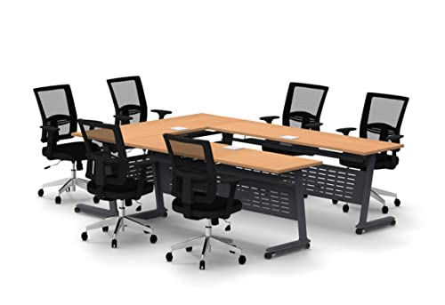 Team Tables Folding Training Seminar Classroom Tables Connect Model 2550 9pc Beech with Industrial Caster Z-Base, Modesty Panel, Shelf, Power + USB Outlet (Seating Included)