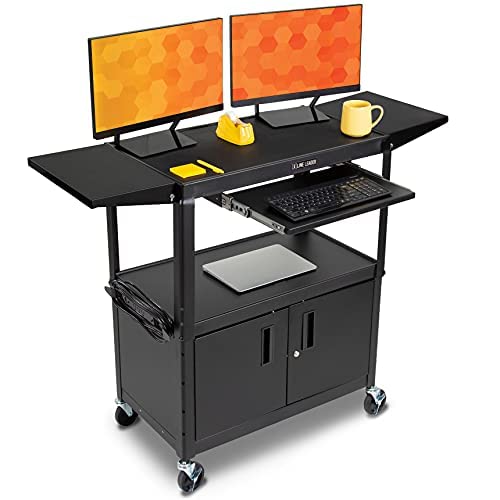 Stand Steady Line Leader Large AV Cart with Locking Cabinet & Drop Leaves, Rolling Height Adjustable Utility Cart with Pullout Laptop Keyboard Tray & Cord Management, Narrow Mobile Workstation (Black, 54 x 18)